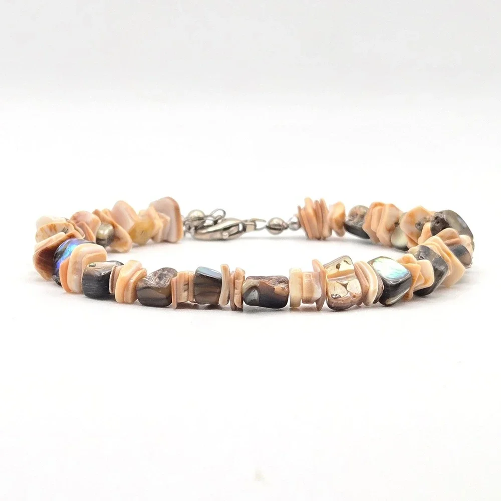 Mother of Pearl Shell Chip Abalone Beaded Bracelet Silver‎ Tone Lobster Clasp